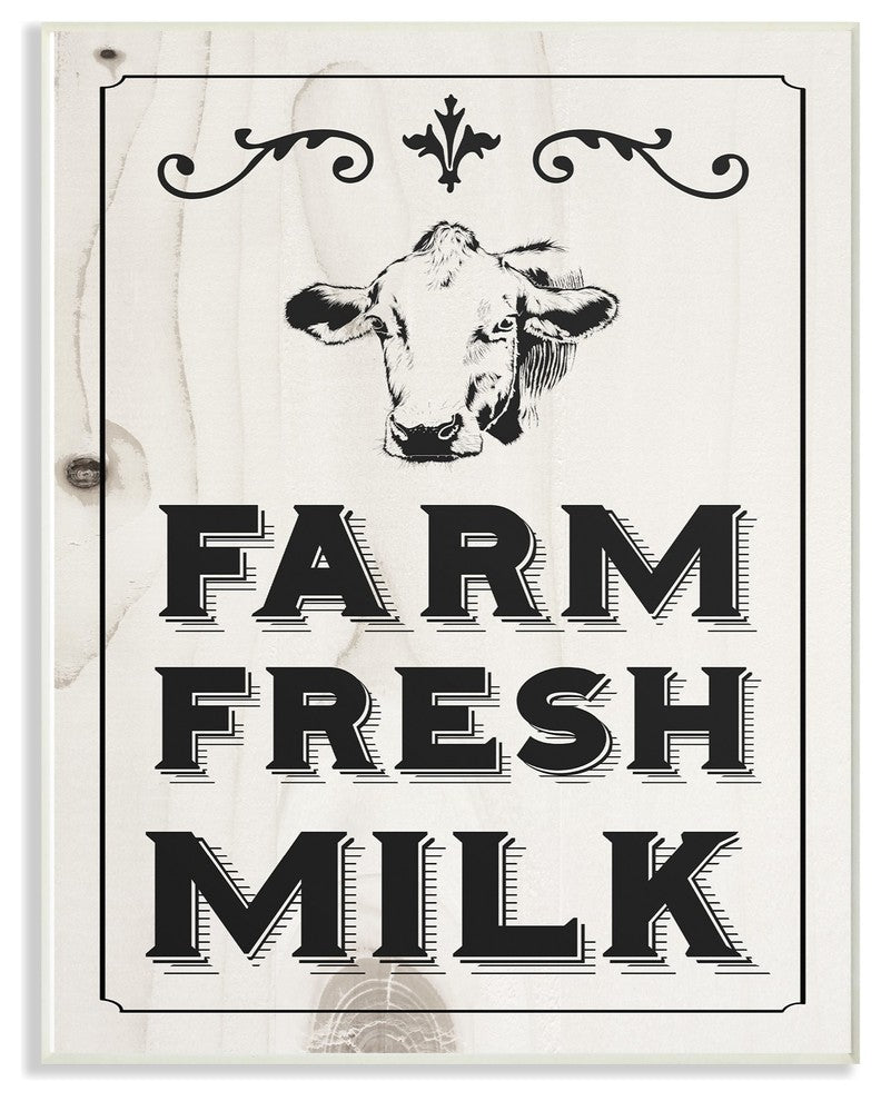 Black & White Farm Fresh Country Milk Cow Oversized Wall Plaque Art, 13"x19"