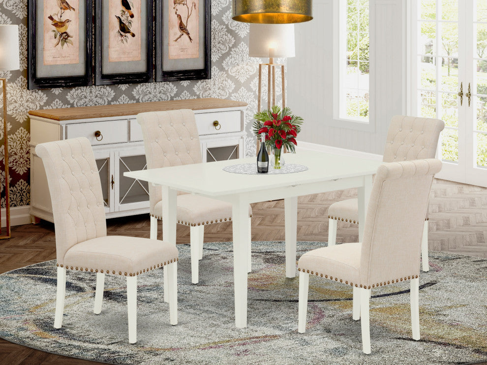 5Pc Rectangle Dinette Set, Chairs, Butterfly Leaf Dining Table, Linen White