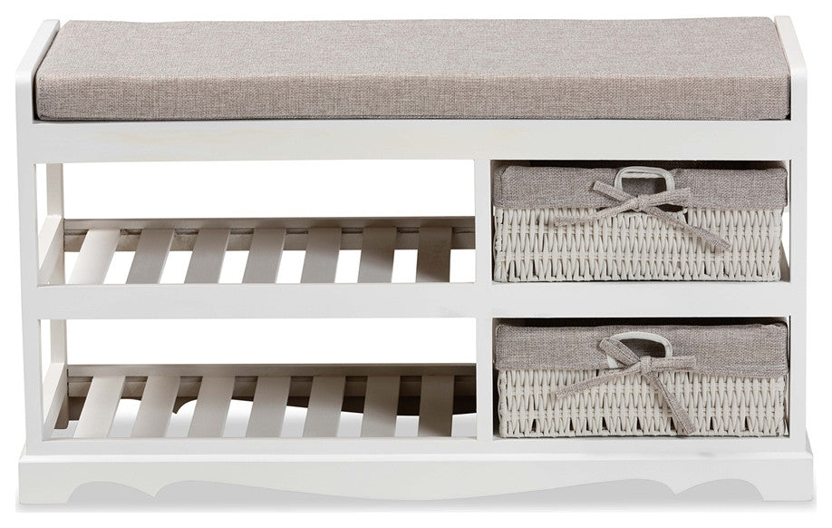 Contemporary Gray Fabric, White Wood Storage Bench With Baskets