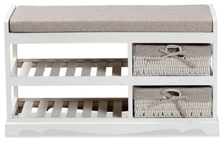 Contemporary Gray Fabric, White Wood Storage Bench With Baskets