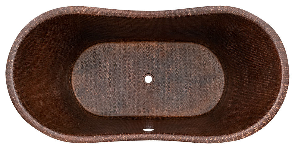 60" Hammered Copper Double Slipper Bathtub With Rings and Overflow Holes