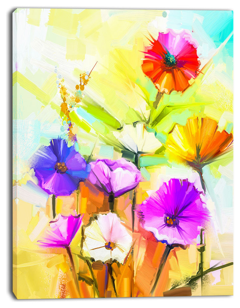 Colorful Gerbera Flowers Painting, Large Floral Canvas Artwork, 12"x20"