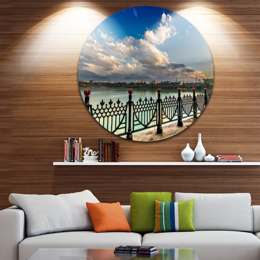 City Lake Under Clouds, Cityscape Photography Disc Metal Wall Art, 11"