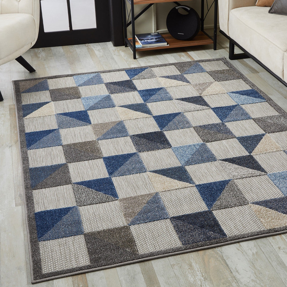 8"x10" Blue Gray Triangle Indoor Outdoor Area Rug