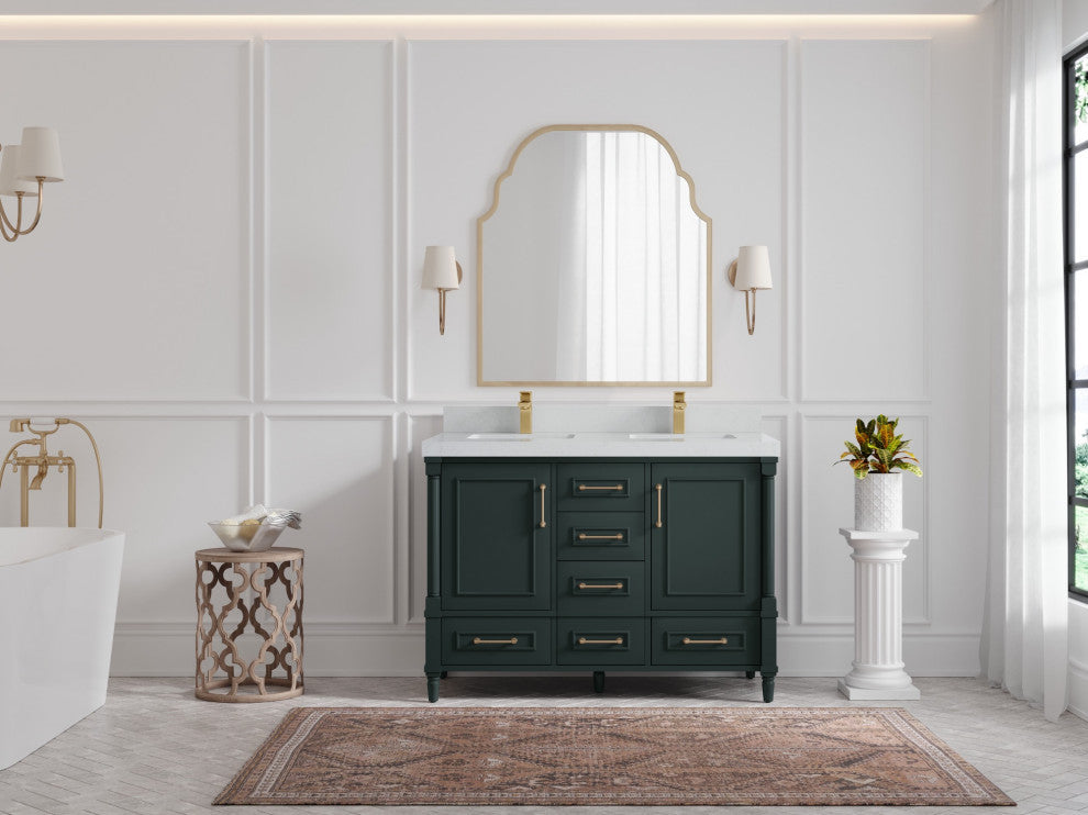 Aberdeen 48" Double Sink Bath Vanity in Dark Forest Green 2" Carrara Quartz