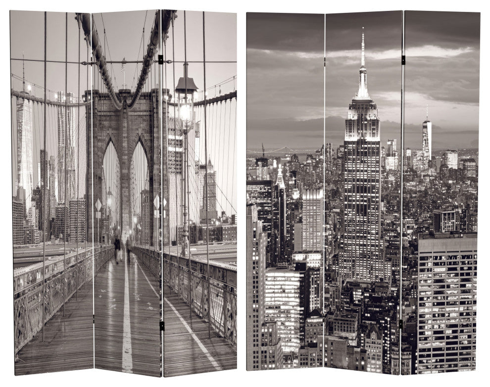 6' Tall Double Sided Black and White New York Bridge Canvas Room Divider
