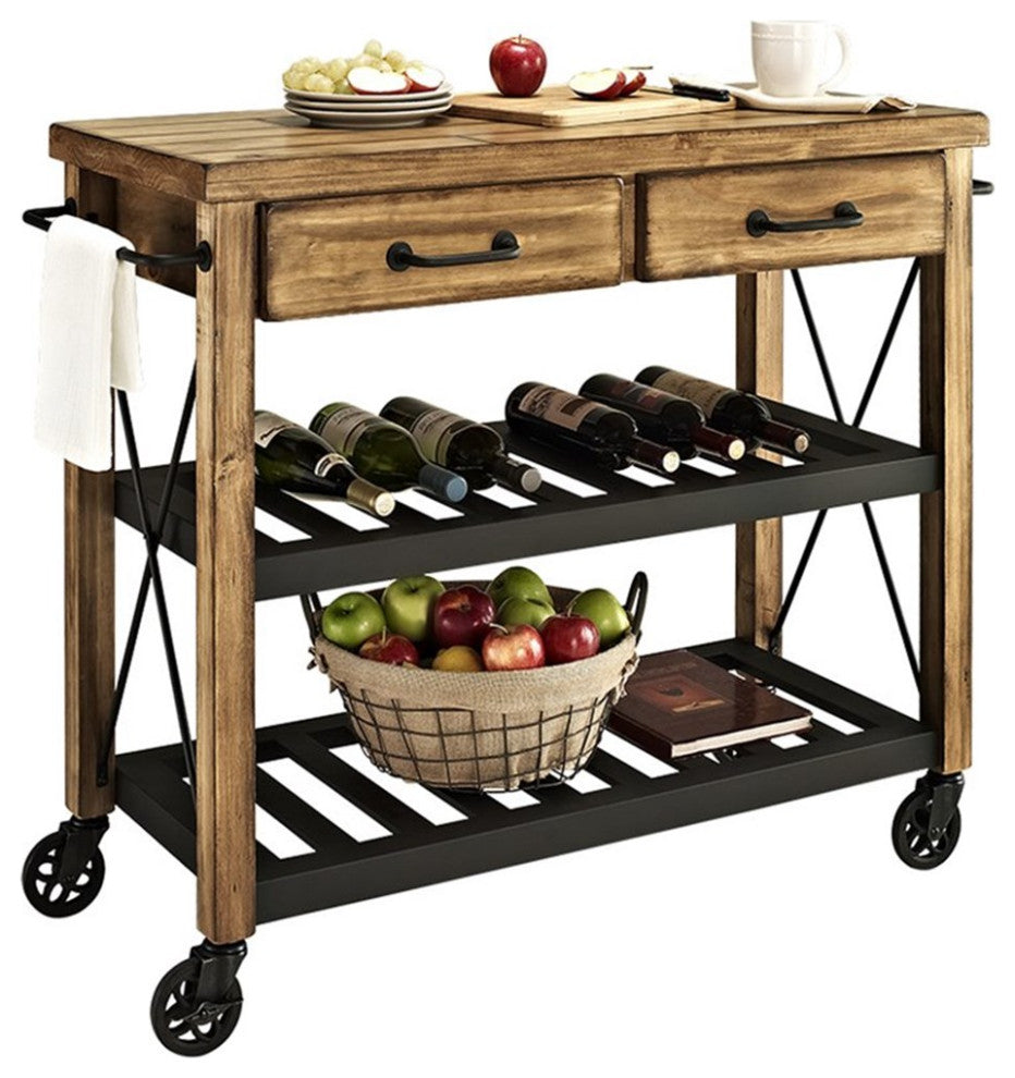 Crosley Furniture Roots Wood 2 Drawer Kitchen Cart in Natural and Black
