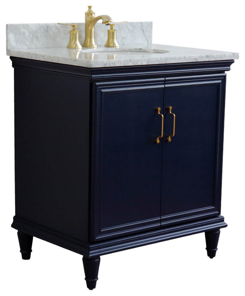 31" Single Vanity, Blue Finish With White Carrara And Oval Sink
