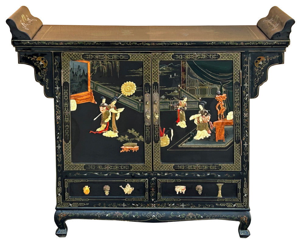 Vintage Chinoiseries Black Stone Inlay Graphic Credenza Storage Cabinet Hws4256