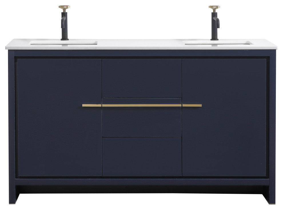 Dolce 60" Double Sink Vanity, White Quartz Countertop, High Gloss White, Blue