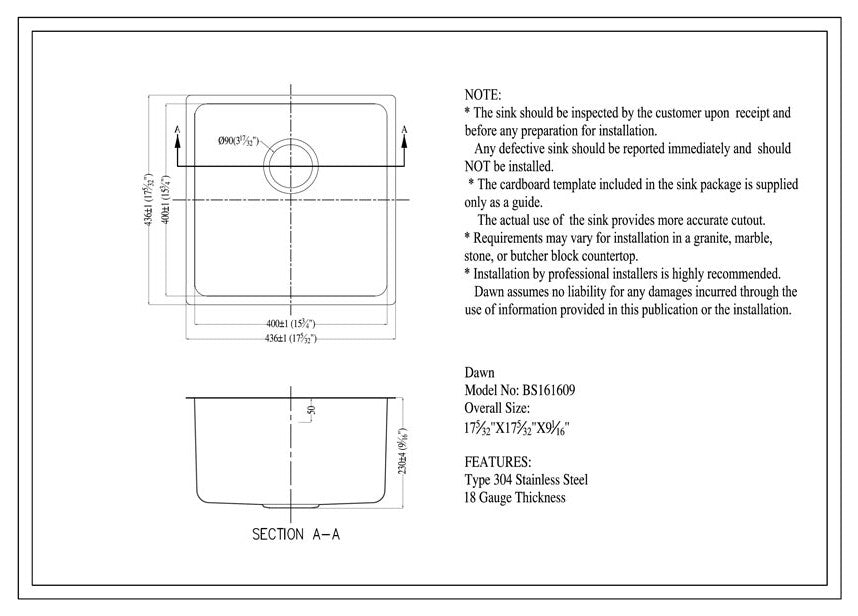 Dawn BS161609 Undermount Rounded Corner Bar/Prep  Sink