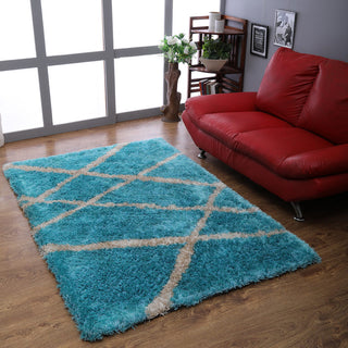 HAND TUFTED SHAG POLYESTER ECO-FRIENDLY AREA RUG,Turquoise White Color,Geometric