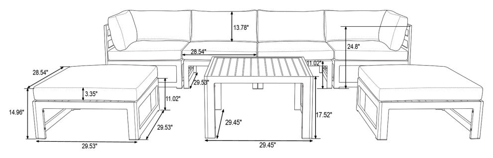 LeisureMod Chelsea 7-Piece Patio Ottoman Sectional With Coffee Table, Light Gray