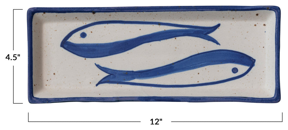 Rectangular Stoneware Bowl with Fish Design, White and Blue