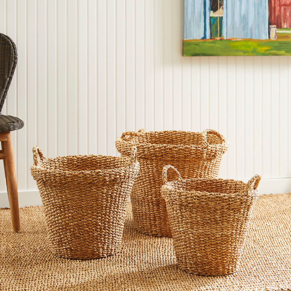 Seagrass Tapered Baskets With Handles And Cuffs, Set of 3