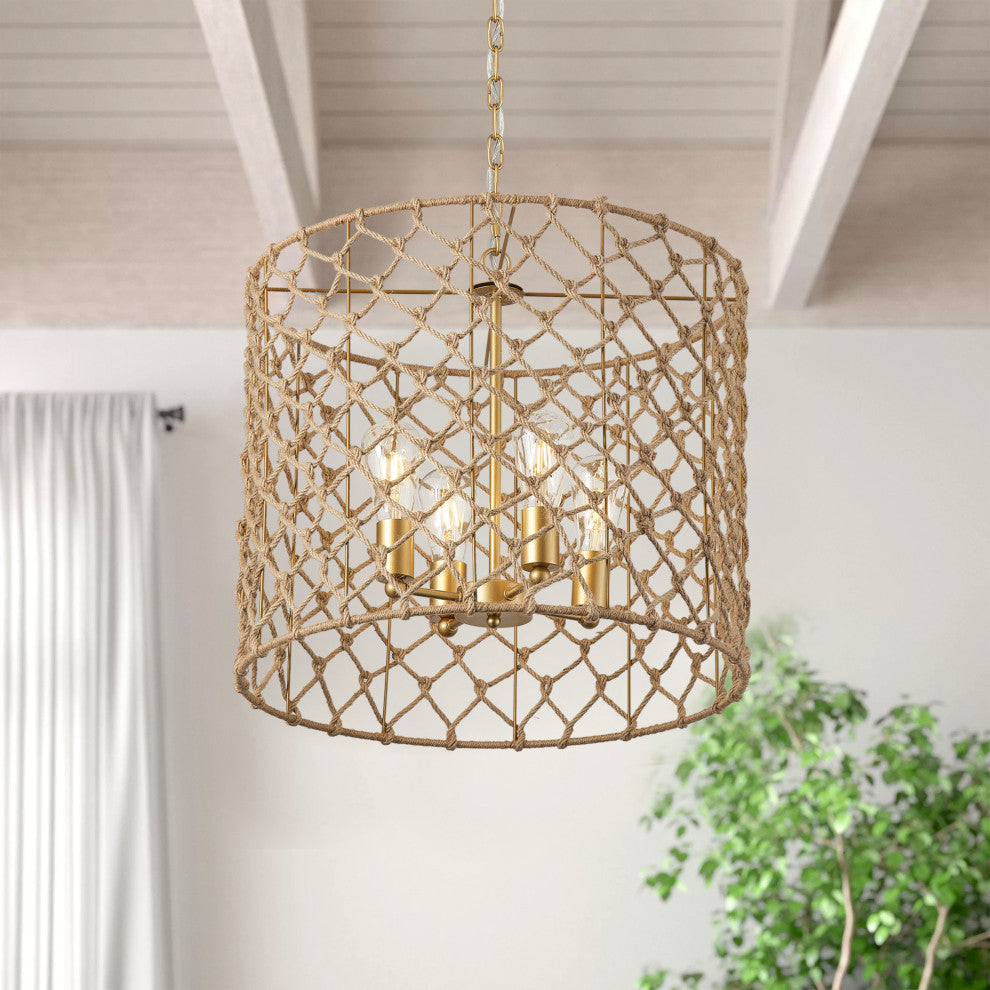 Gold 4-Light Adjustable Pendant Light Fixture With Hemp Rope Woven Craft
