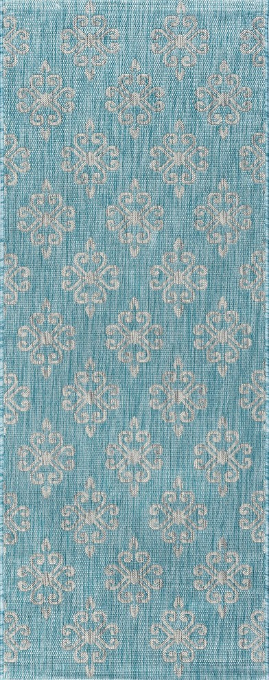 Vega Transitional Geometric Aqua Light Gray Indoor/Outdoor Runner Rug 3x8