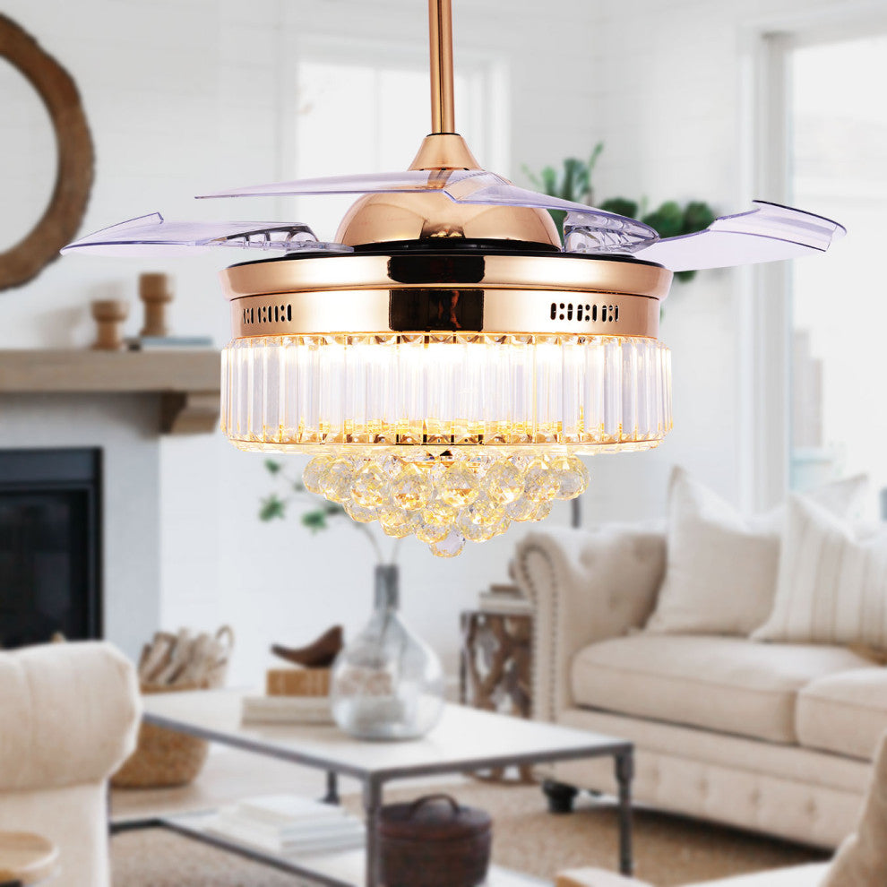 Unique Caged Ceiling Fan with Remote, LED light, Retractable Blades, French Gold