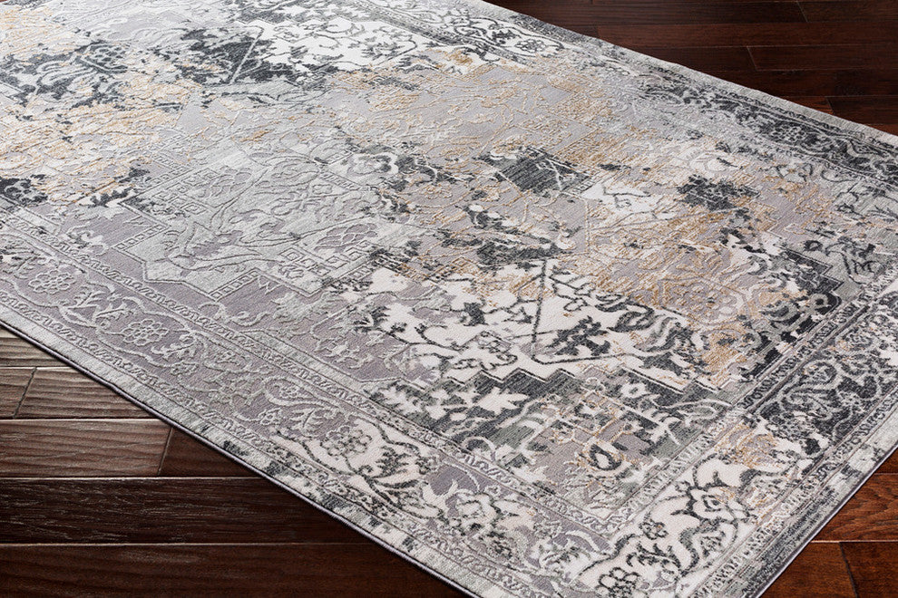 Surya Quatro QUA-2304 5'3"x7'3" Rug, Gray/Silver Gray/Dark Blue/Beige/Tan