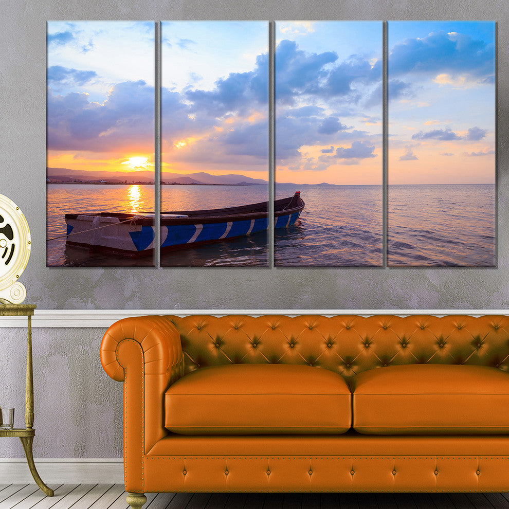 "Small Fishermen Boat At Sunset" Modern Seashore Canvas Art, 4 Panels, 48"x28"