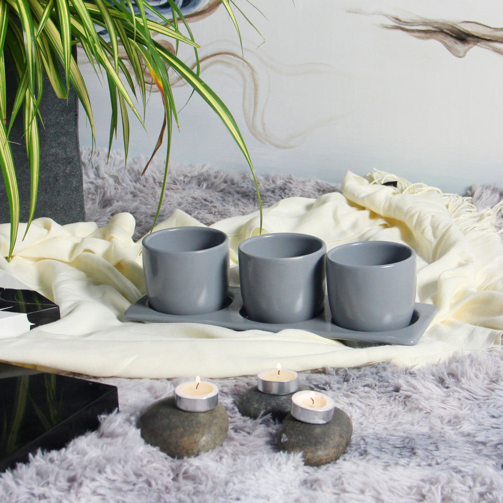 Lilac Planter Set with Tray, Grey