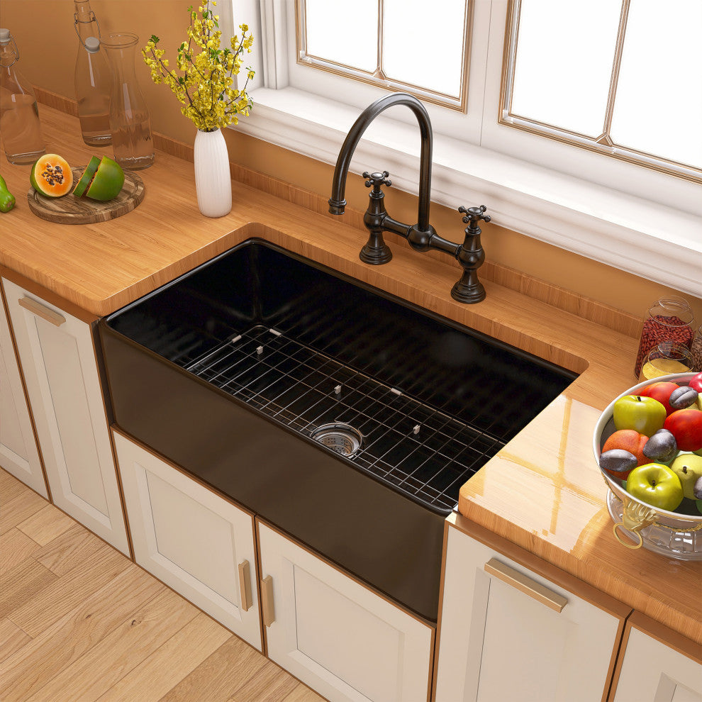 Black Fireclay 33 Inch Single Bowl Farmhouse Apron Front Kitchen Sink