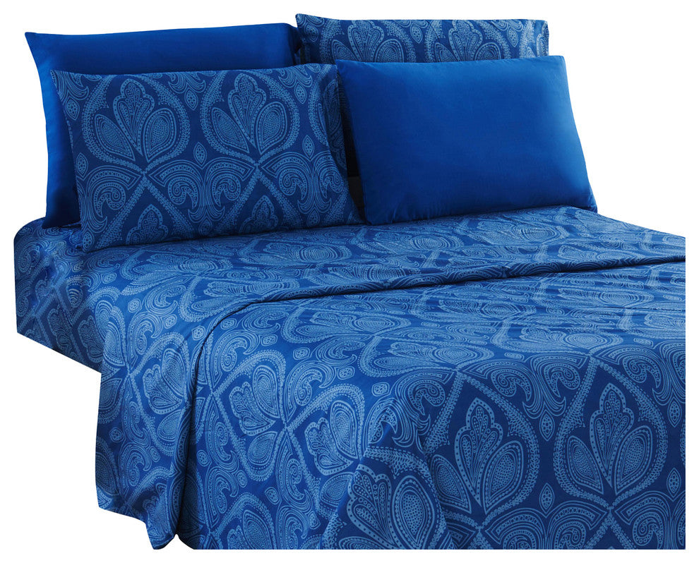 6 Piece: Luxury Paisley Printed Bed Sheet set, Twin 4 Piece, Navy Blue, Twin