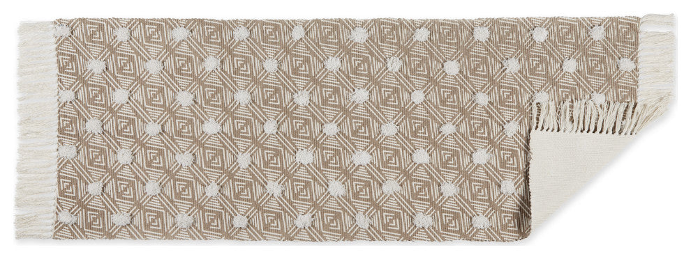 Stone Diamond Printed Off-White Hand-Loomed Shag Rug Runner 2Ft 3Inx6Ft