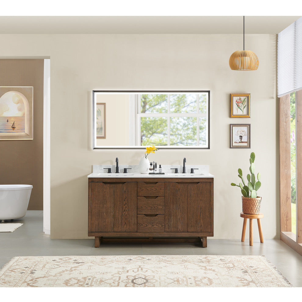 Mowry Bathroom Vanity, Brown Brushed Oak, 60", No Mirror