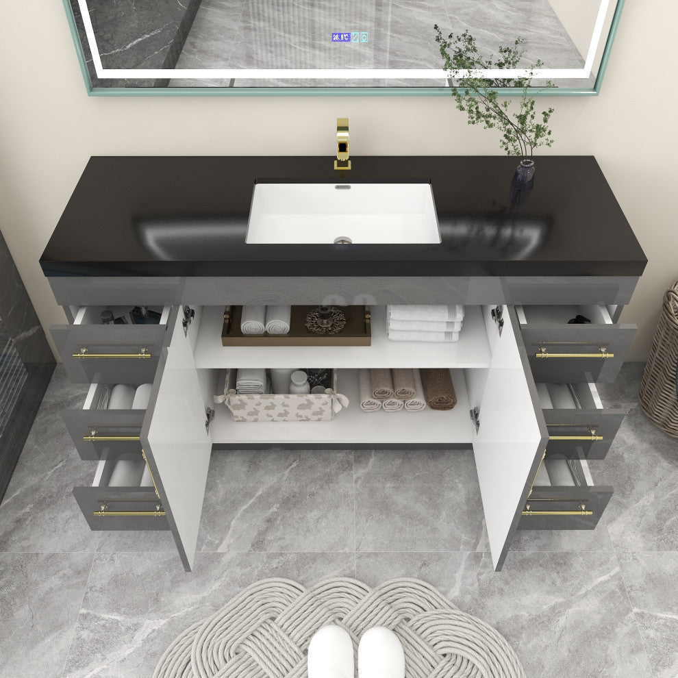 Rosa 60" Free Standing Modern Vanity, High Gloss Gray, Matt Black Top