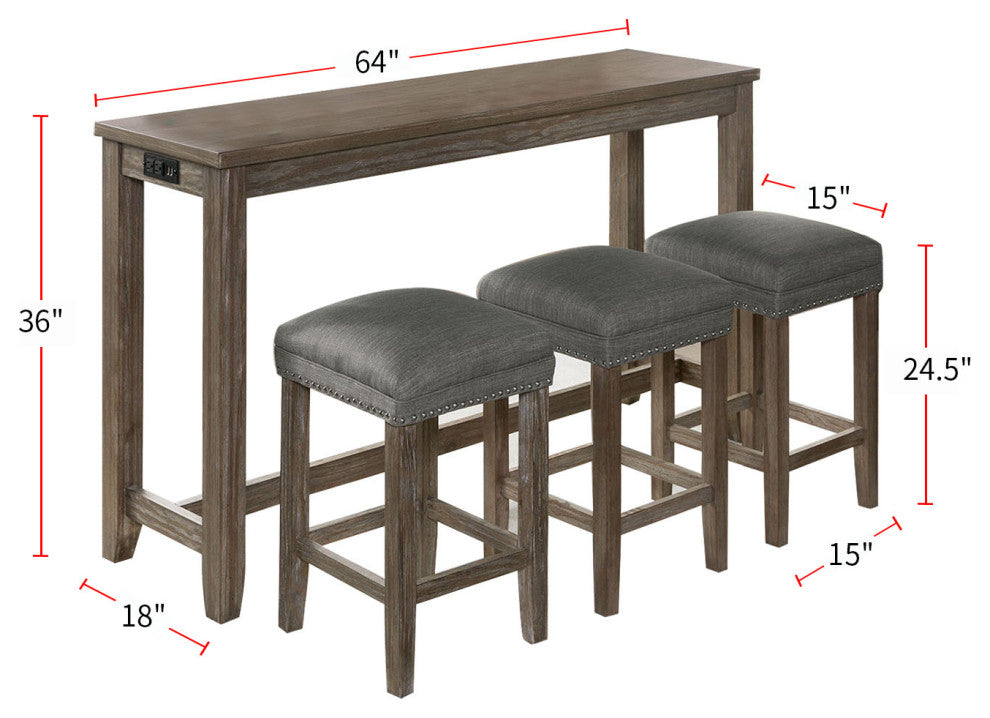 4 Piece Counter Height Table Set with 3 Stools, Wire Brushed Gray