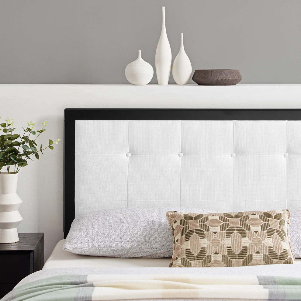 Tufted Headboard, Full Size, Wood, Fabric, Black White, Modern Mid-Century