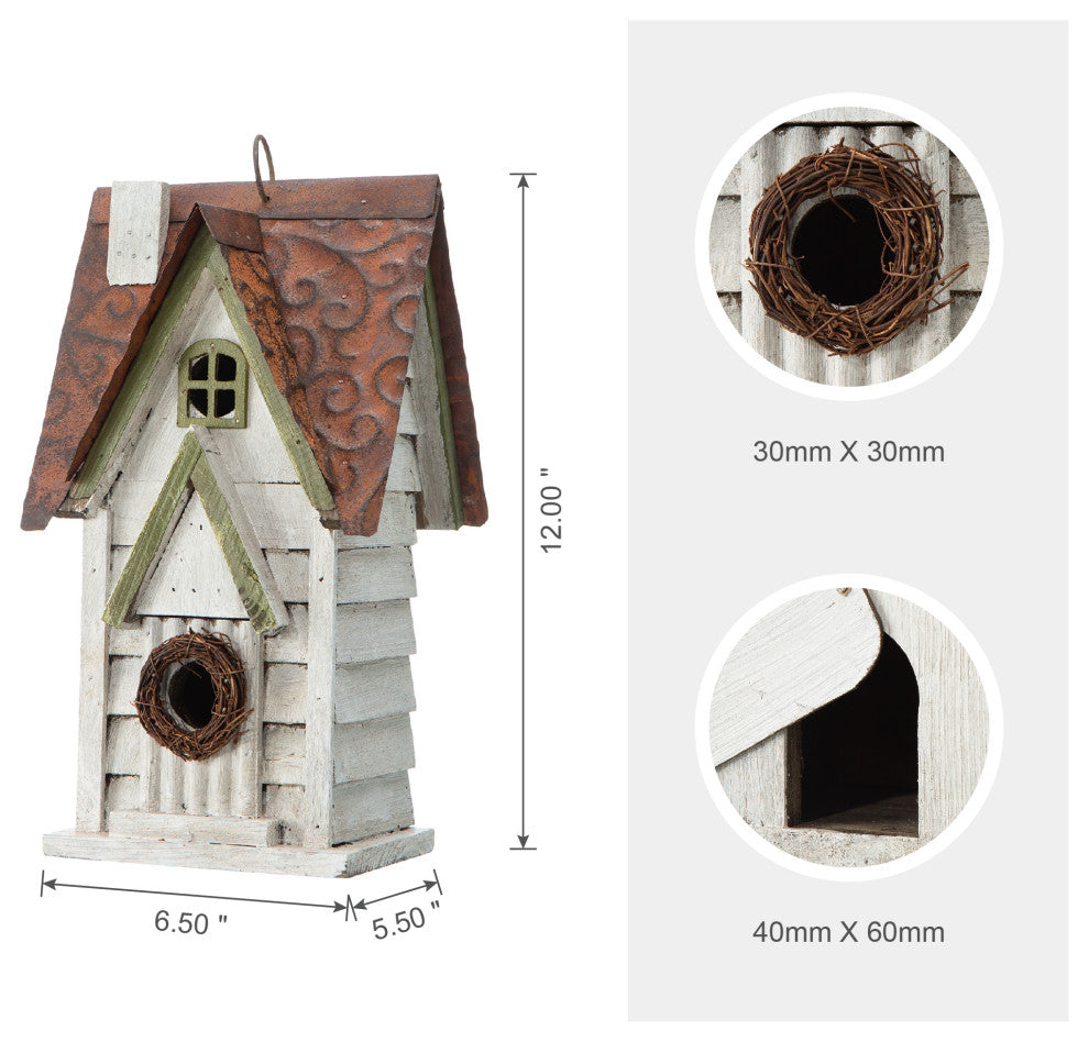 12"H Washed White Distressed Solid Wood Cottage Birdhouse