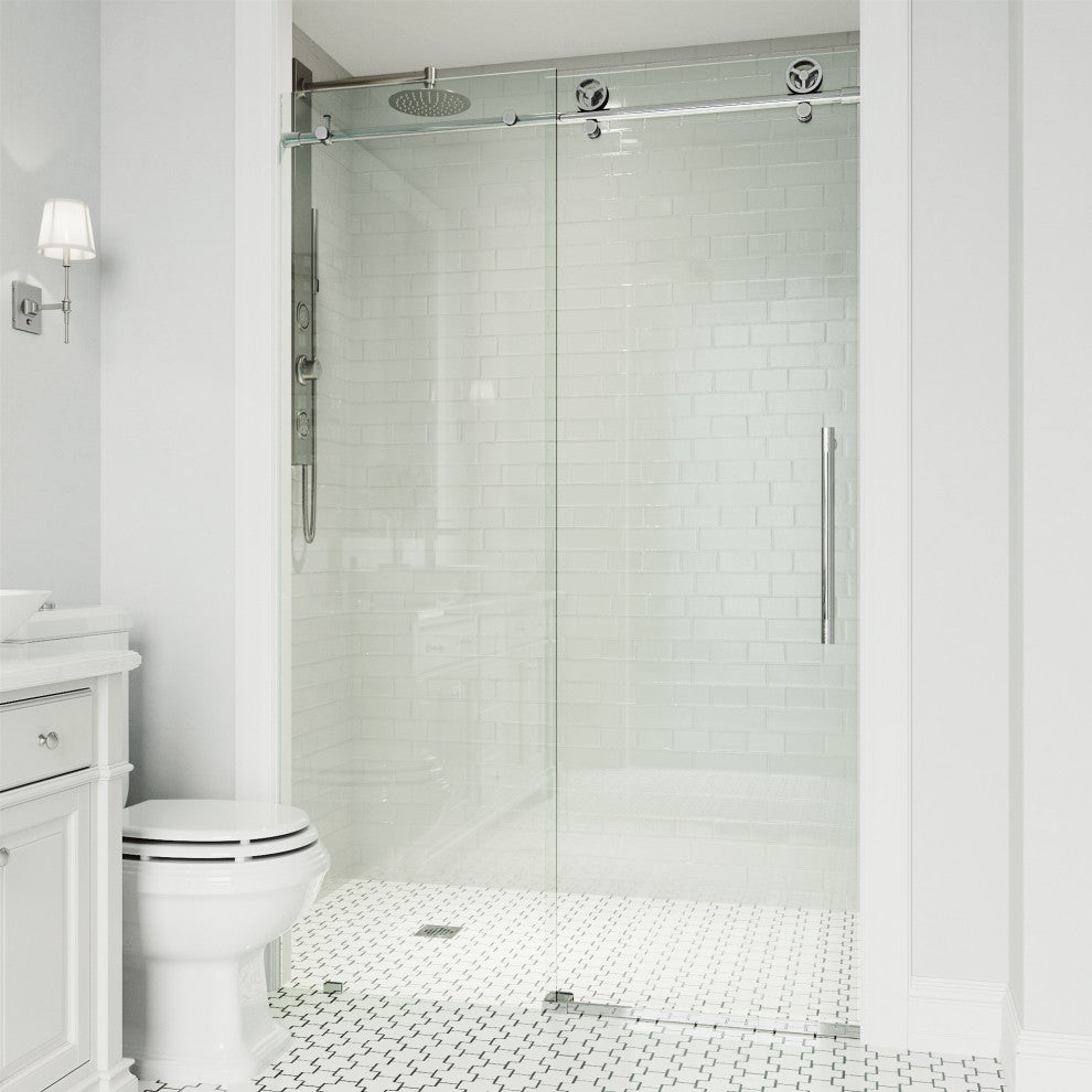 VIGO Elan Cass Aerodynamic 60" to 64" W x 76" H Frameless Sliding Shower Door, Chrome, Clear Glass