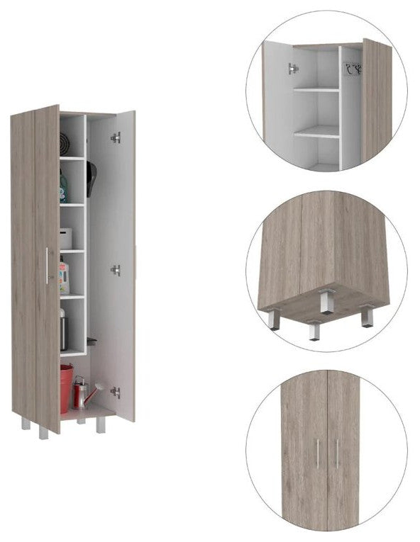 Tall Pantry Cabinet, 2 Doors With Silver Knobs & Inner Shelves, Light Grey/White