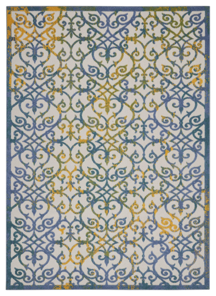 7 x 10 Ivory and Blue Indoor Outdoor Area Rug