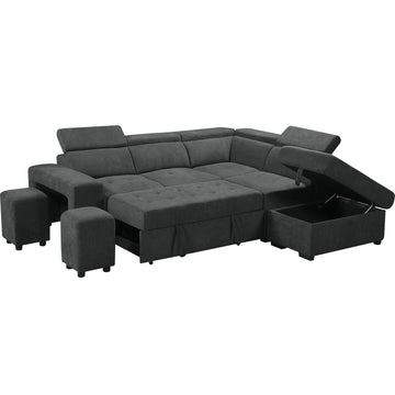 Henrik Dark Gray Sleeper Sectional Sofa With Storage Ottoman and 2 Stools