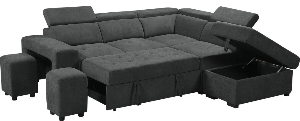 Henrik Dark Gray Sleeper Sectional Sofa With Storage Ottoman and 2 Stools