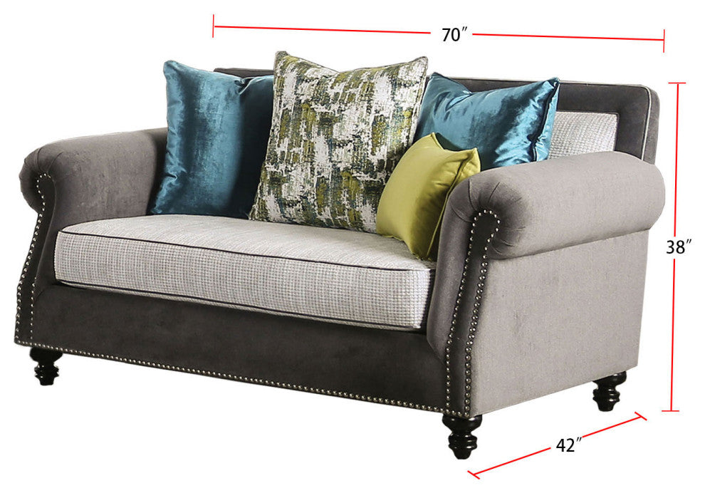 Wooden and Microfiber Loveseat with Nailhead Trim, Gray