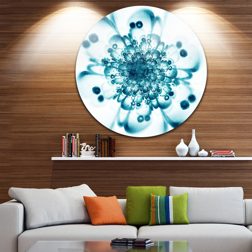 Typical Blue Snowy Fractal Flower, Floral Disc Metal Artwork, 23"