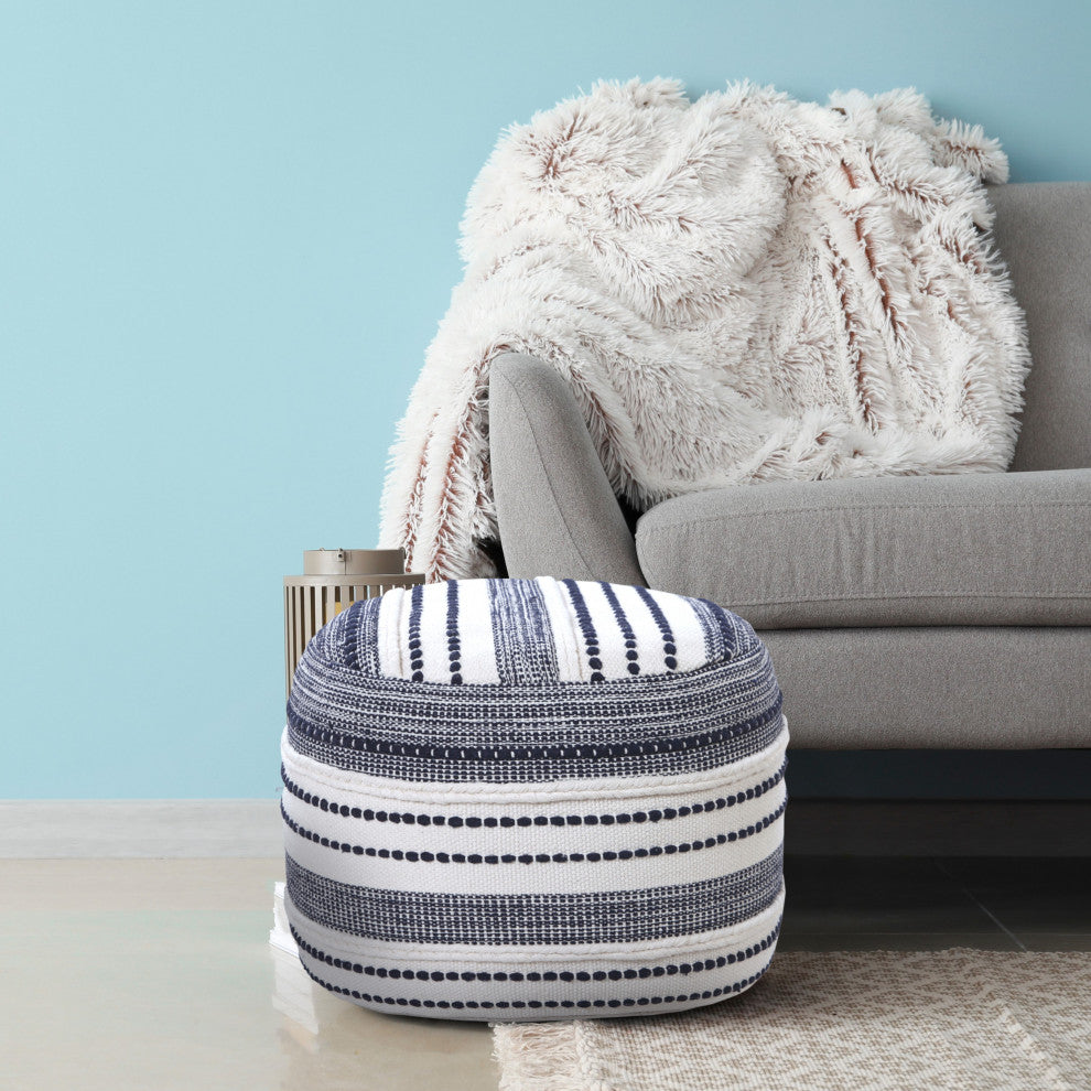 Navy and Ivory Seaside Striped Textured Pouf Ottoman