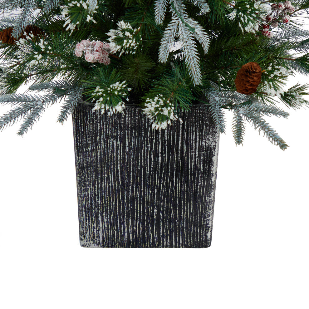 4' Frosted Faux Xmas Tree Pre-Lit With 105 lights & Berries, Decorative Planter