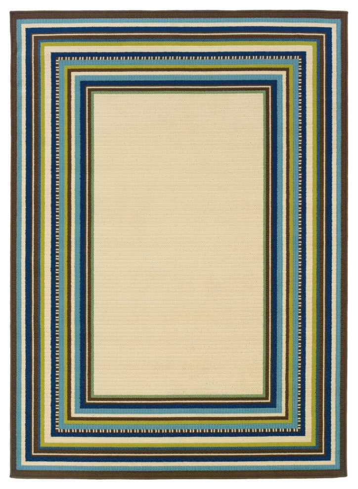 5' X 8' Ivory Mediterranean Blue And Lime Border Indoor Outdoor Area Rug