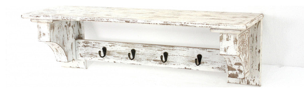 9.75" X 8" X 30" White Vintage Wooden Wall Shelf With 4 Metal Hooks