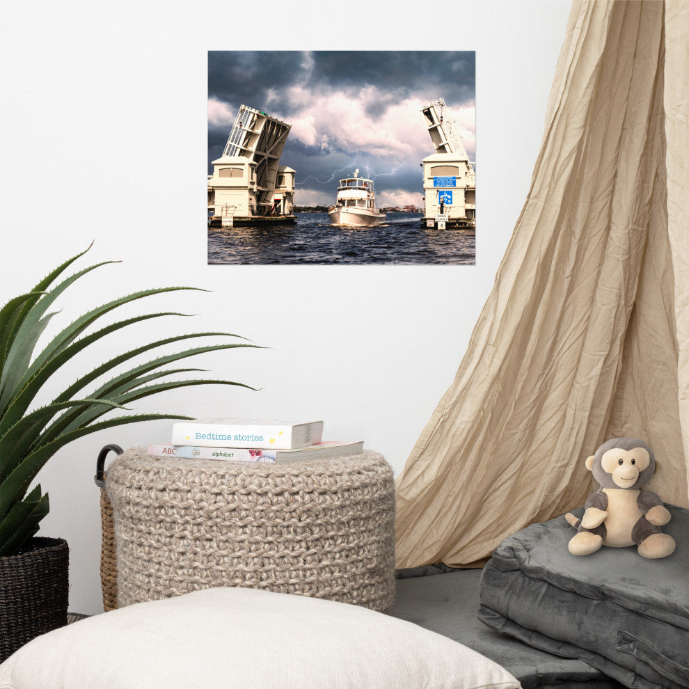 Beach Art Wall: Stormy Drawbridge Boat Landscape Photo Unframed, 16" X 20"