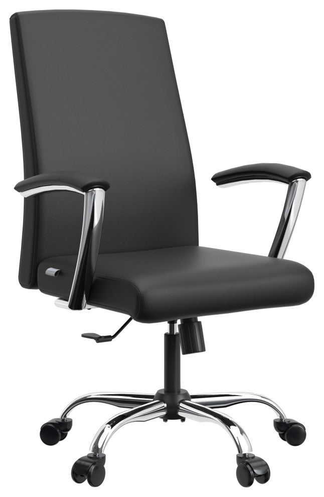 LeisureMod Evander Swivel Office Chair in Leather With Silver Frame, Black