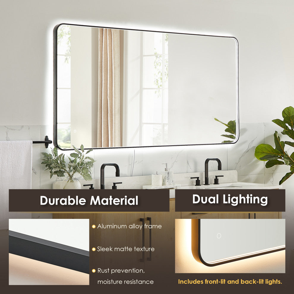 Dazzle Rectangular Bathroom/Vanity LED Lighted Wall Mirror, Matte Black, 72"