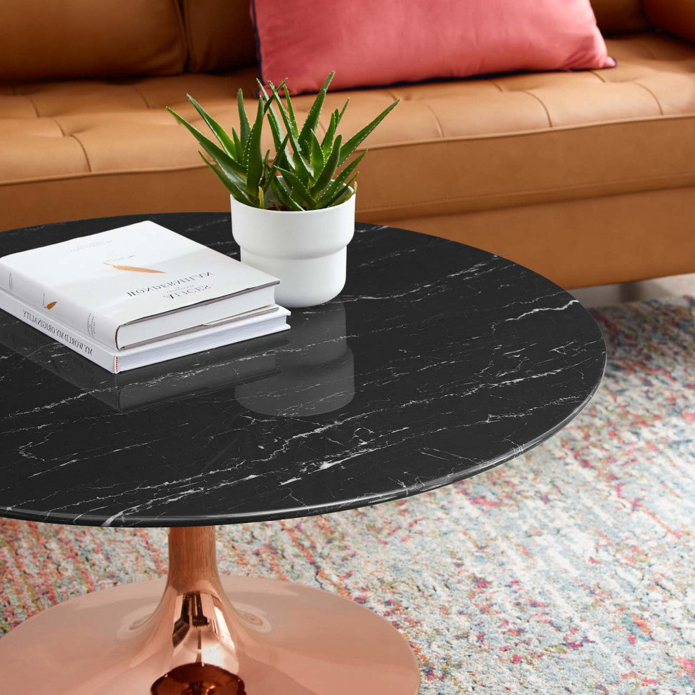 Coffee Table, Round, Artificial Marble, Metal, Rose Gold Black, Modern, Lounge