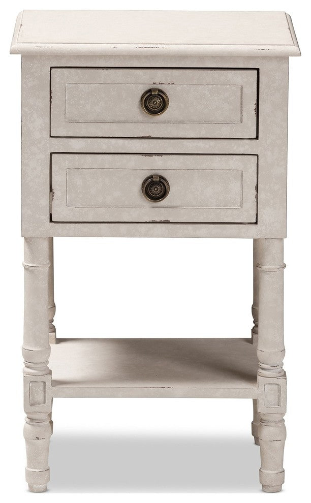 Lenore Country Cottage Farmhouse Whitewashed 2-Drawer Nightstand