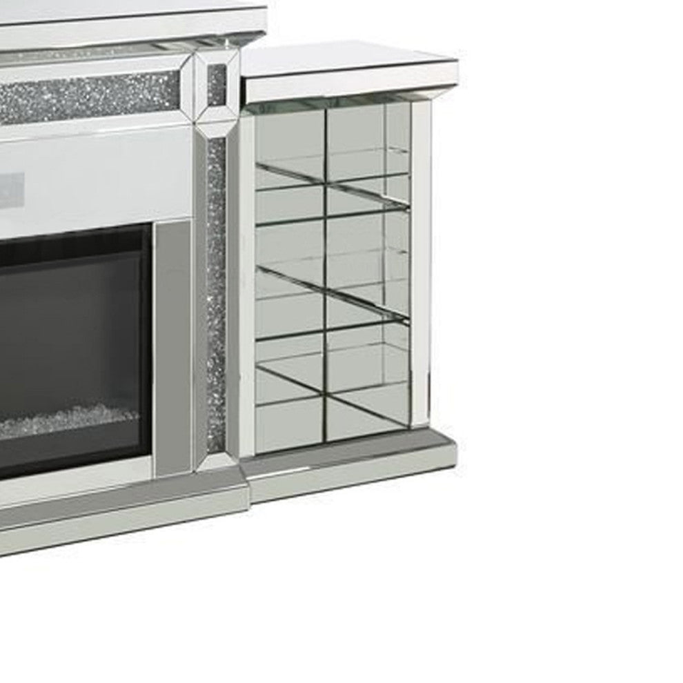 Benzara BM266450 Fireplace With LED and Mirrored Finish, Silver and Black